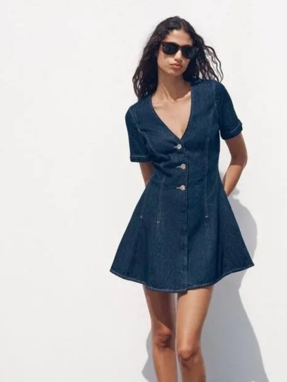 Zara NWT Denim Mini Dress Size M Dark Wash Button Front Fit Flare 100% Cotton